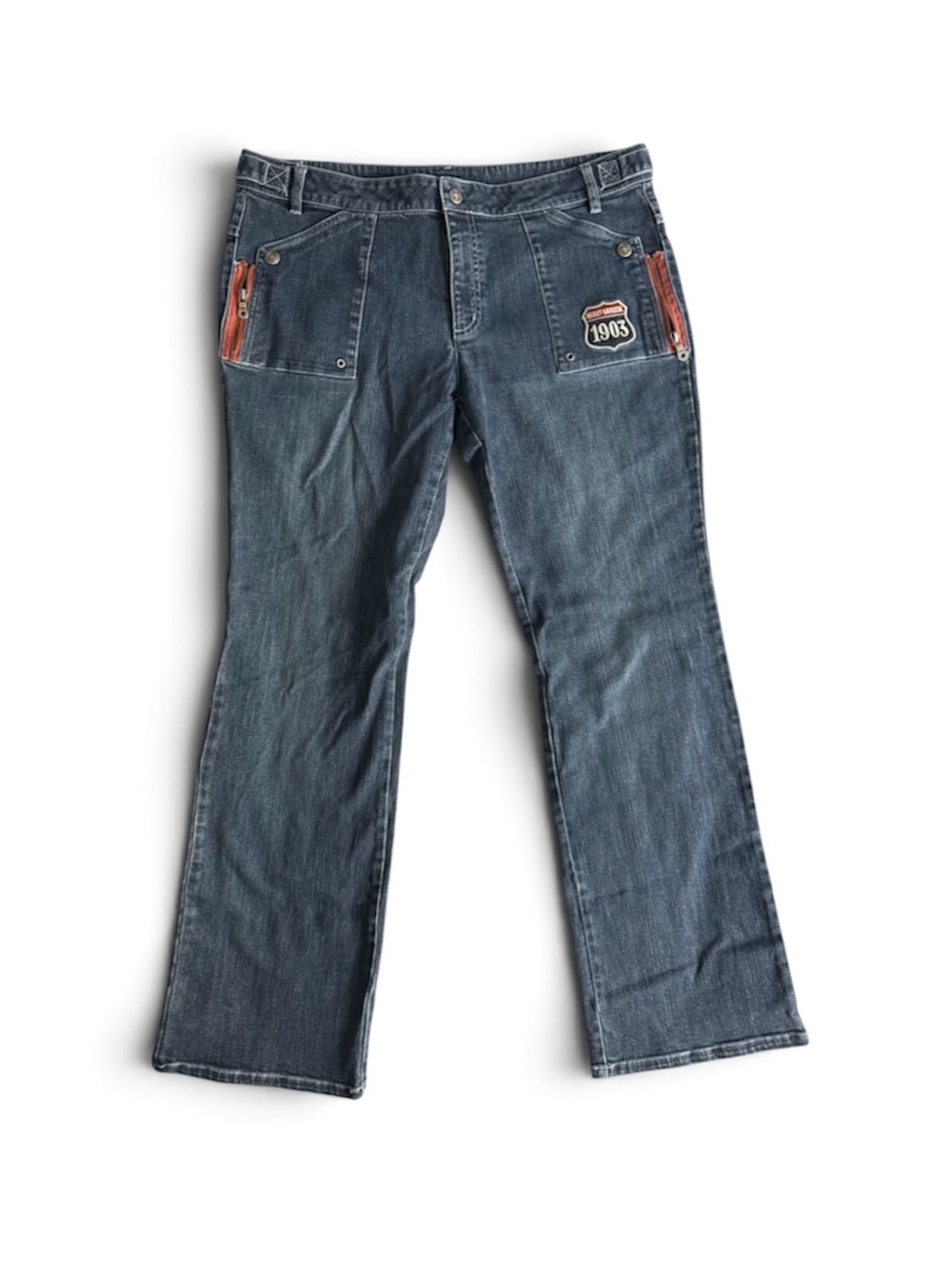 HARLEY DAVIDSON Vintage Jeans Women’s 18 Long Bootcut Biker Blue Denim Patches